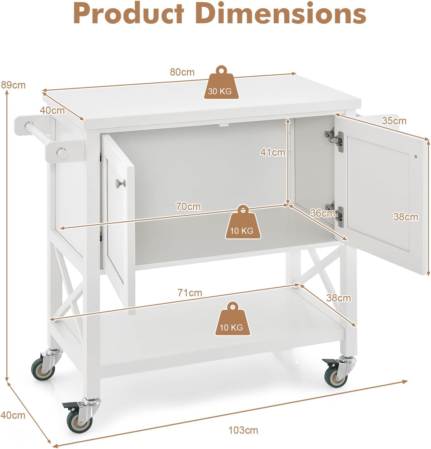 TANGZON Kitchen Storage Trolley on Wheels, Rolling Kitchen Island with 2-Door Cabinet, Open Shelf, Spice & Towel Rack, Utility Wooden Serving Trolley Cart for Dinning Living Room Bar Restaurant-5