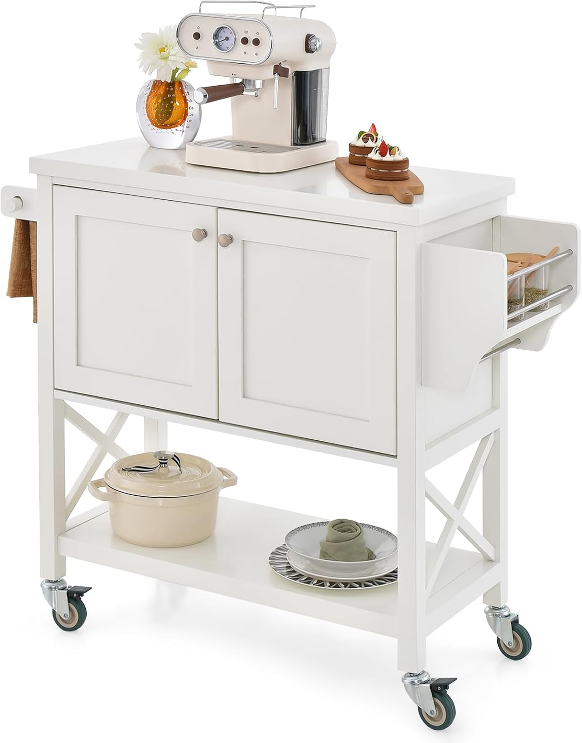 TANGZON Kitchen Storage Trolley on Wheels, Rolling Kitchen Island with 2-Door Cabinet, Open Shelf, Spice & Towel Rack, Utility Wooden Serving Trolley Cart for Dinning Living Room Bar Restaurant-6