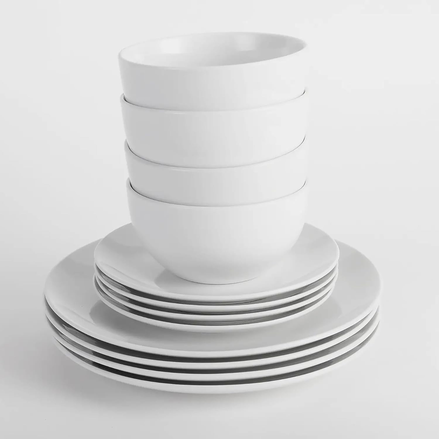 12PC Dinnerware Porcelain White Set: 4 Dinner Plates, 4 Side Plates & 4 Bowls. Dishwasher & Microwave Safe.-0