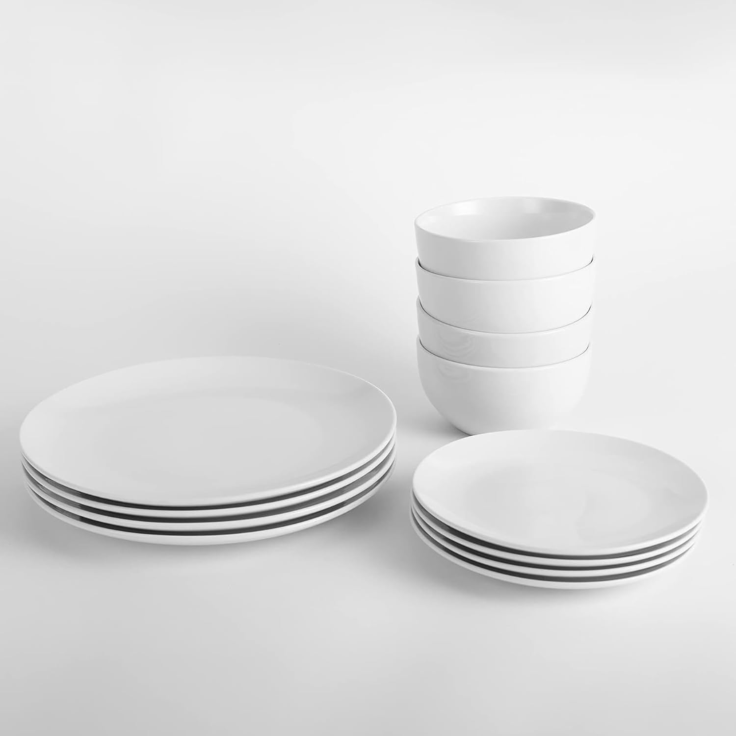 12PC Dinnerware Porcelain White Set: 4 Dinner Plates, 4 Side Plates & 4 Bowls. Dishwasher & Microwave Safe.-2