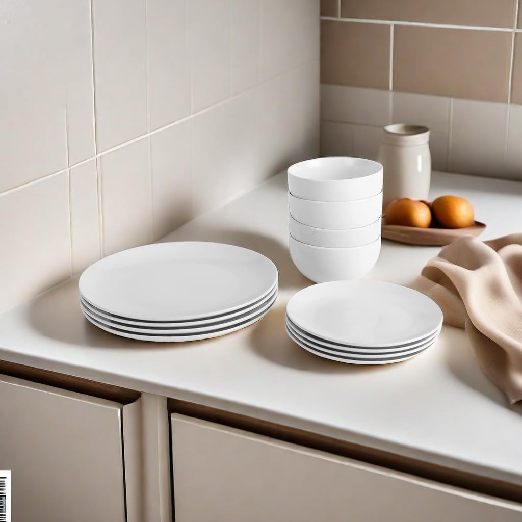 12PC Dinnerware Porcelain White Set: 4 Dinner Plates, 4 Side Plates & 4 Bowls. Dishwasher & Microwave Safe.-8