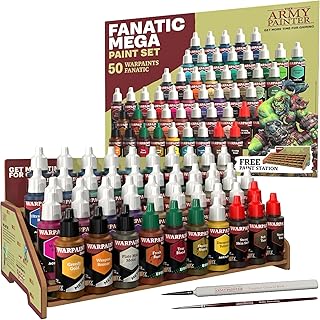 The Army Painter, Warpaints Fanatic Mega Set Combo, 50 x 18 ml Acrylic Paints incl. Skin Tones, Metallics, Effects, Washes, 1 Free Paint Station & 2 Brushes - Model Paint for Warhammer & Dnd