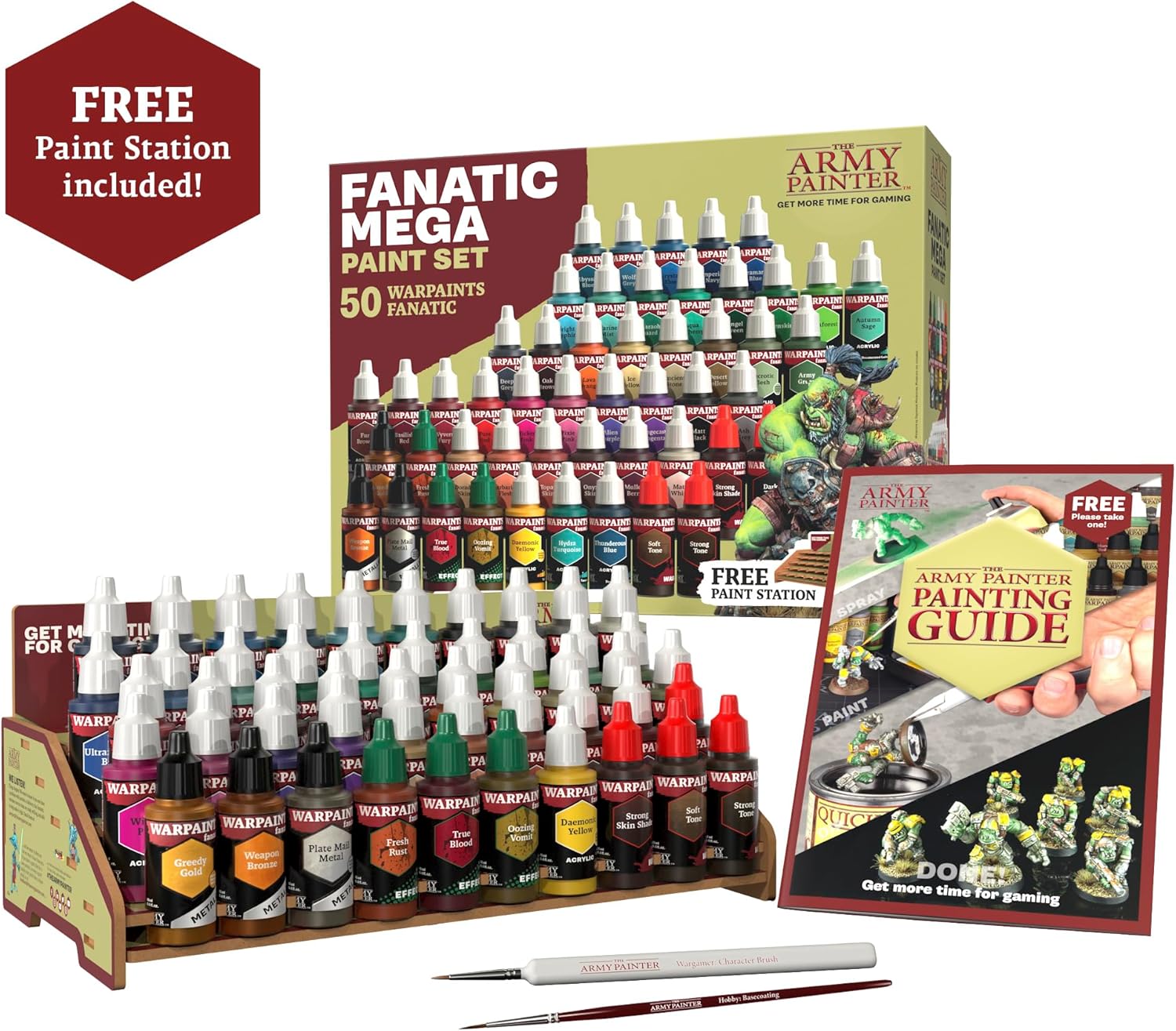 The Army Painter, Warpaints Fanatic Mega Set Combo, 50 x 18 ml Acrylic Paints incl. Skin Tones, Metallics, Effects, Washes, 1 Free Paint Station & 2 Brushes - Model Paint for Warhammer & Dnd-1