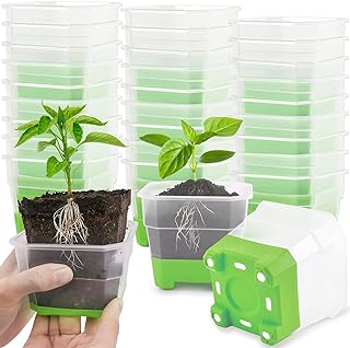 KAHEIGN 24Pcs Clear Nursery Pots with Silicone Base, 10CM Square Plastic Plant Pot Reusable Seedling Start Pots with Drain Holes for Flower Plant Seedlings Transplanting (Green)