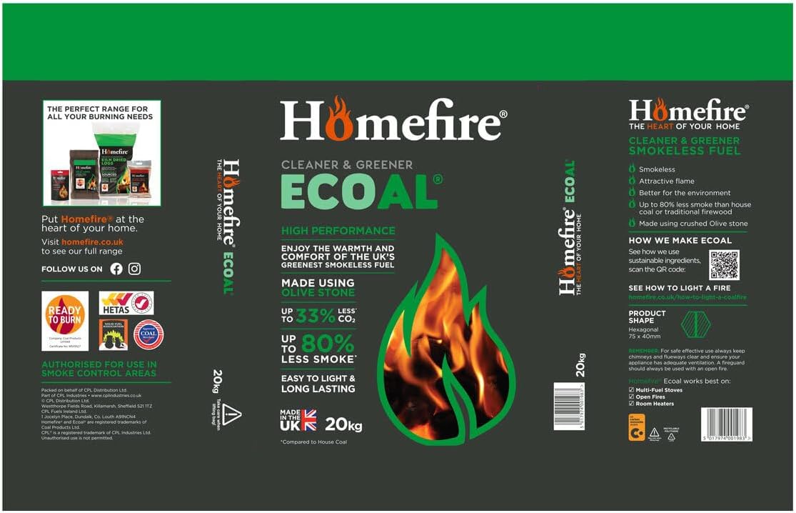 Homefire Ecoal Long Lasting Smokeless Fuel - 20kg | Clean, Efficient, and Sustainable Heating | Long Lasting Performance: | Smokeless Technology Heating-1