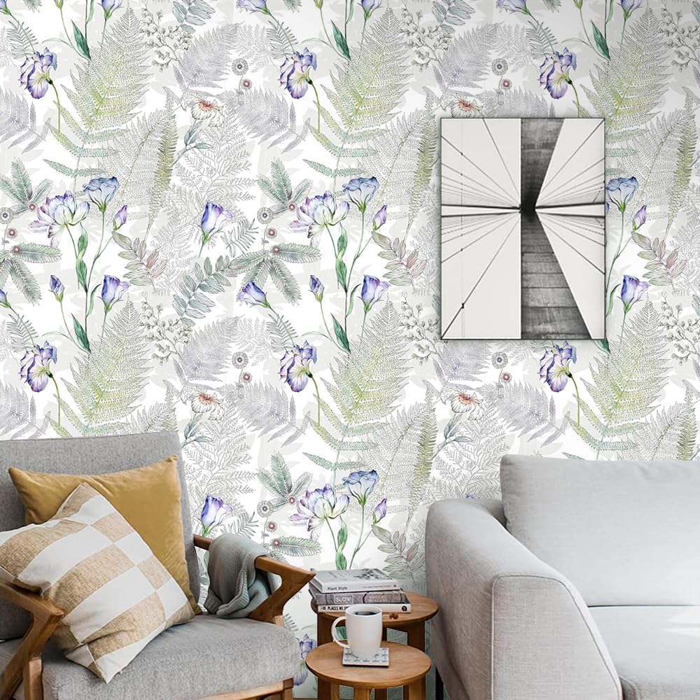 SOEWIOU Floral Peel and Stick Wallpaper,300 * 44.5cm White Floral Waterproof Wallpaper White/Purple/Blue Removable Flowers Plants Contact Paper for Nursery Home Decorations-1