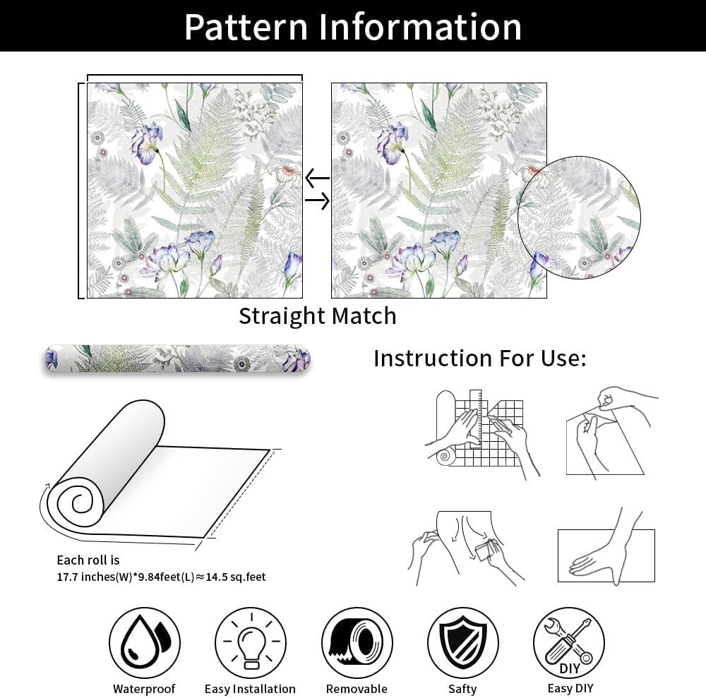 SOEWIOU Floral Peel and Stick Wallpaper,300 * 44.5cm White Floral Waterproof Wallpaper White/Purple/Blue Removable Flowers Plants Contact Paper for Nursery Home Decorations-6