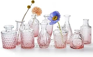 10 Sets Pink Glass Vase - Clear Bud Vase in Bulk - Mini Vintage Vase for Centrepiece - Rustic Wedding Decorations, Home Table Flower Decoration