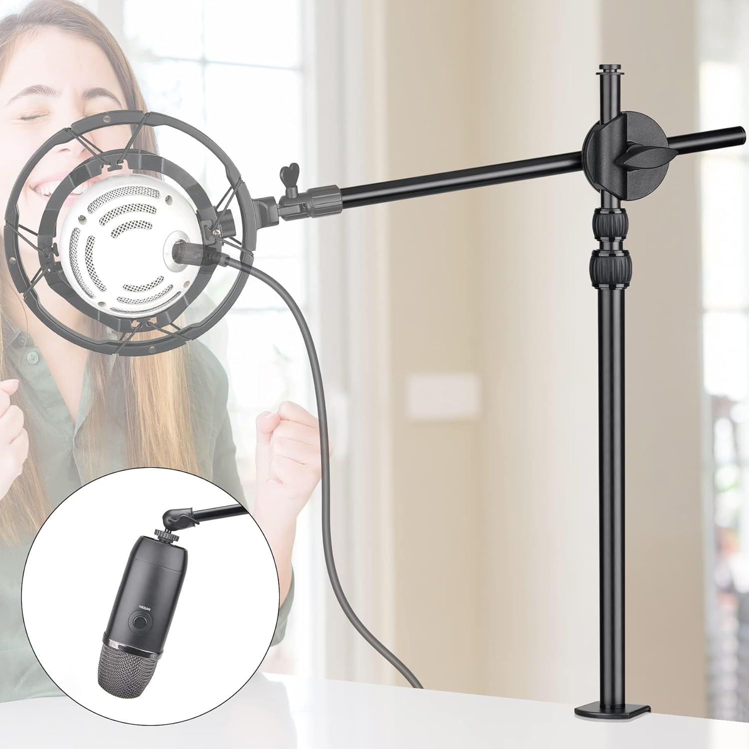 Novelty Adjustable Phone Microphone Overhead Desk Clamp Mount Mic Arm Table Stand Tripod Holder w/RC+ Monitor Mirror Youtube Tiktok Vlogging Video Meeting Zoom Conference Streaming for iPhone-0