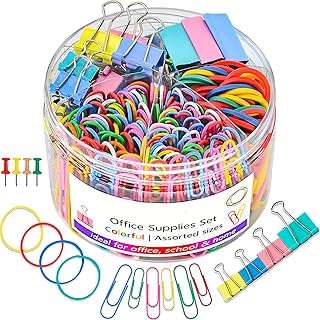 Paper Clips 500Pcs Bulldog Clips Colored,Office Clips Mixed Set - Binder Assorted Sizes Paperclips Paper Clamps Rubber Bands for Office and School Supplies (Mixedcolor)