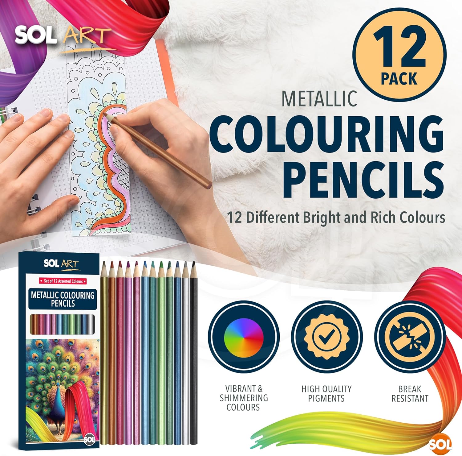 SOL 12pk Metallic Colouring Pencils, Assorted Premium Pencil Colours for Adults and Children, Ideal for Sketching, Colouring, & Crafting Acitivity, Blendable Pencils Colouring for Kids and Adults-2