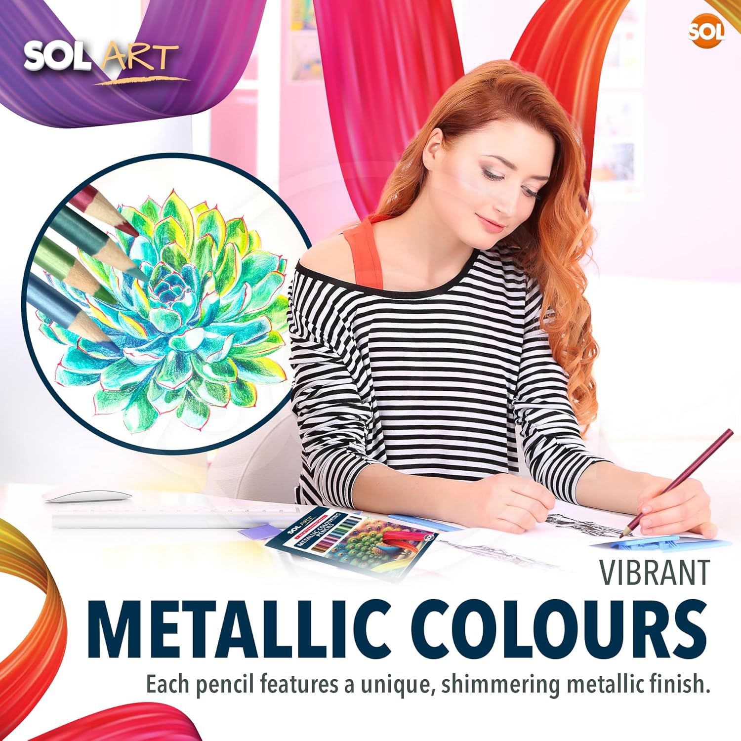 SOL 12pk Metallic Colouring Pencils, Assorted Premium Pencil Colours for Adults and Children, Ideal for Sketching, Colouring, & Crafting Acitivity, Blendable Pencils Colouring for Kids and Adults-3