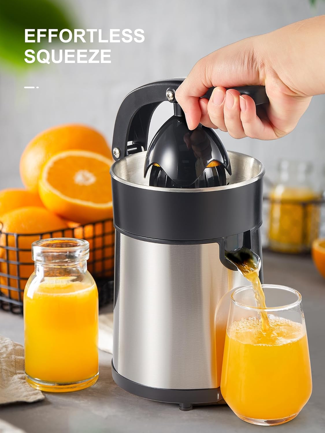 Electric Citrus Juicer, Easy Press Orange Juice Squeezer for Orange, Lemon, and Grapefruit, with Two Interchangeable Cones, Brushed Stainless Steel, Easy to Clean and Use-3