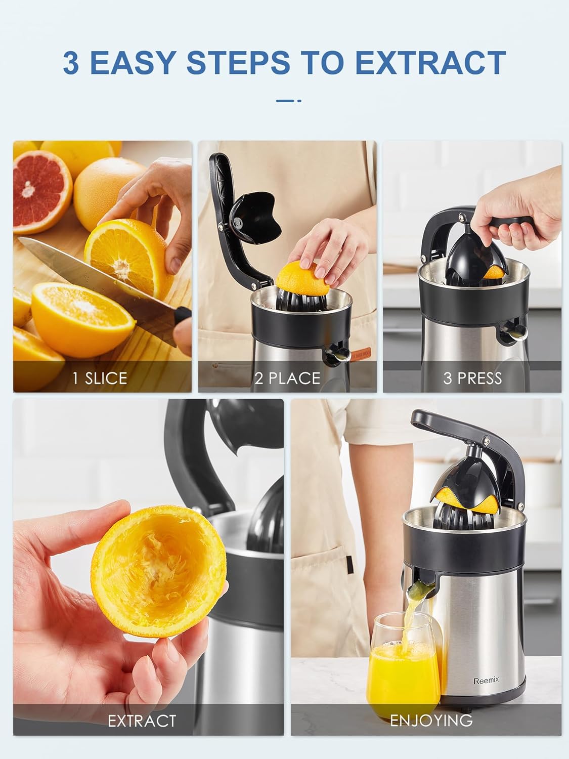 Electric Citrus Juicer, Easy Press Orange Juice Squeezer for Orange, Lemon, and Grapefruit, with Two Interchangeable Cones, Brushed Stainless Steel, Easy to Clean and Use-4