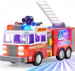 JOYIN Toddler Fire Engine Truck Toy for Kid Age 3 4 5 6 7 8, LED Projections & Sirens, Realistic Buttons with Mode Switch & Volume Control, Bump and Go Fire Engine Trucks