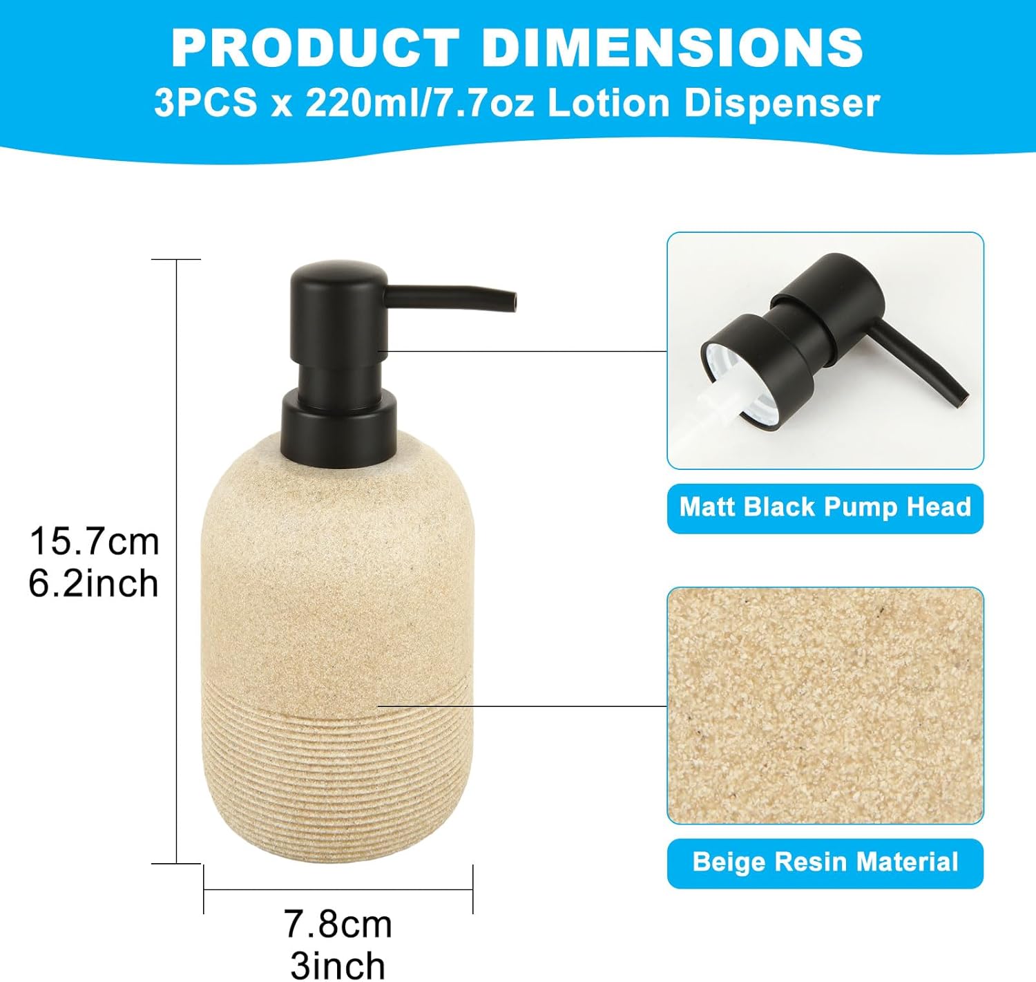 WOPPLXY 3 PCS Soap Dispenser - Beige Hand Soap Lotion Dispenser for Bathroom - 220ml Pump Bottles Liquid Dispenser for Shampoo, Shower Oil, Detergent Container-1