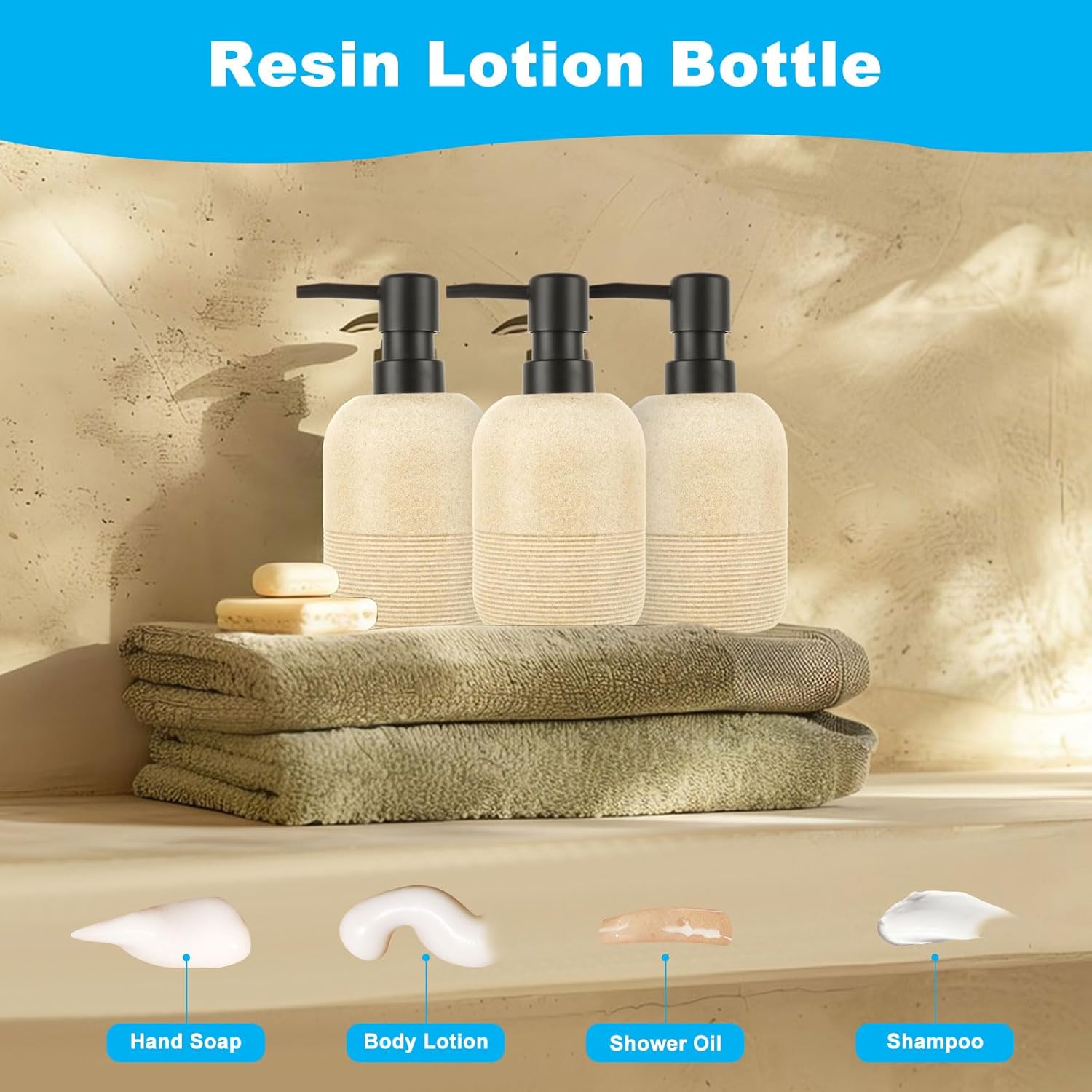 WOPPLXY 3 PCS Soap Dispenser - Beige Hand Soap Lotion Dispenser for Bathroom - 220ml Pump Bottles Liquid Dispenser for Shampoo, Shower Oil, Detergent Container-3