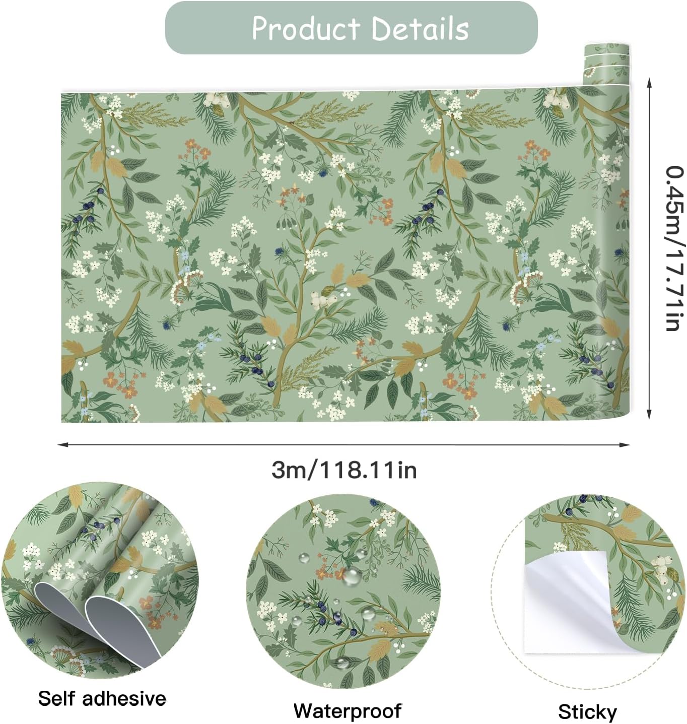 CHDITB Green Leaves Wallpaper Self Adhesive,Vintage Plants Flower Wallpaper,Floral Wall Paper(44x300cm) Light Green Stick on Wall Peel and Stick Wallpaper For Living Room Bedroom Bathroom-1