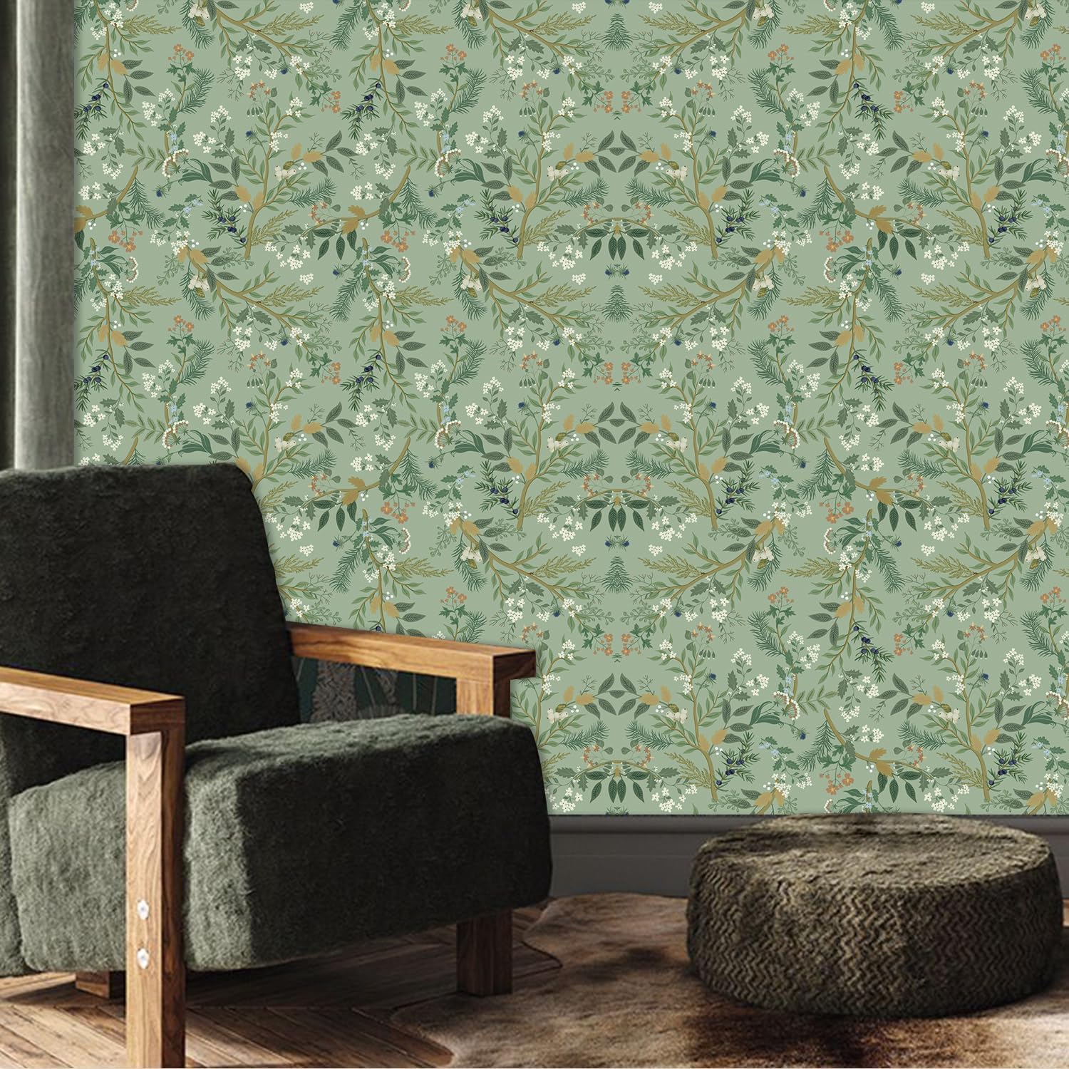 CHDITB Green Leaves Wallpaper Self Adhesive,Vintage Plants Flower Wallpaper,Floral Wall Paper(44x300cm) Light Green Stick on Wall Peel and Stick Wallpaper For Living Room Bedroom Bathroom-4