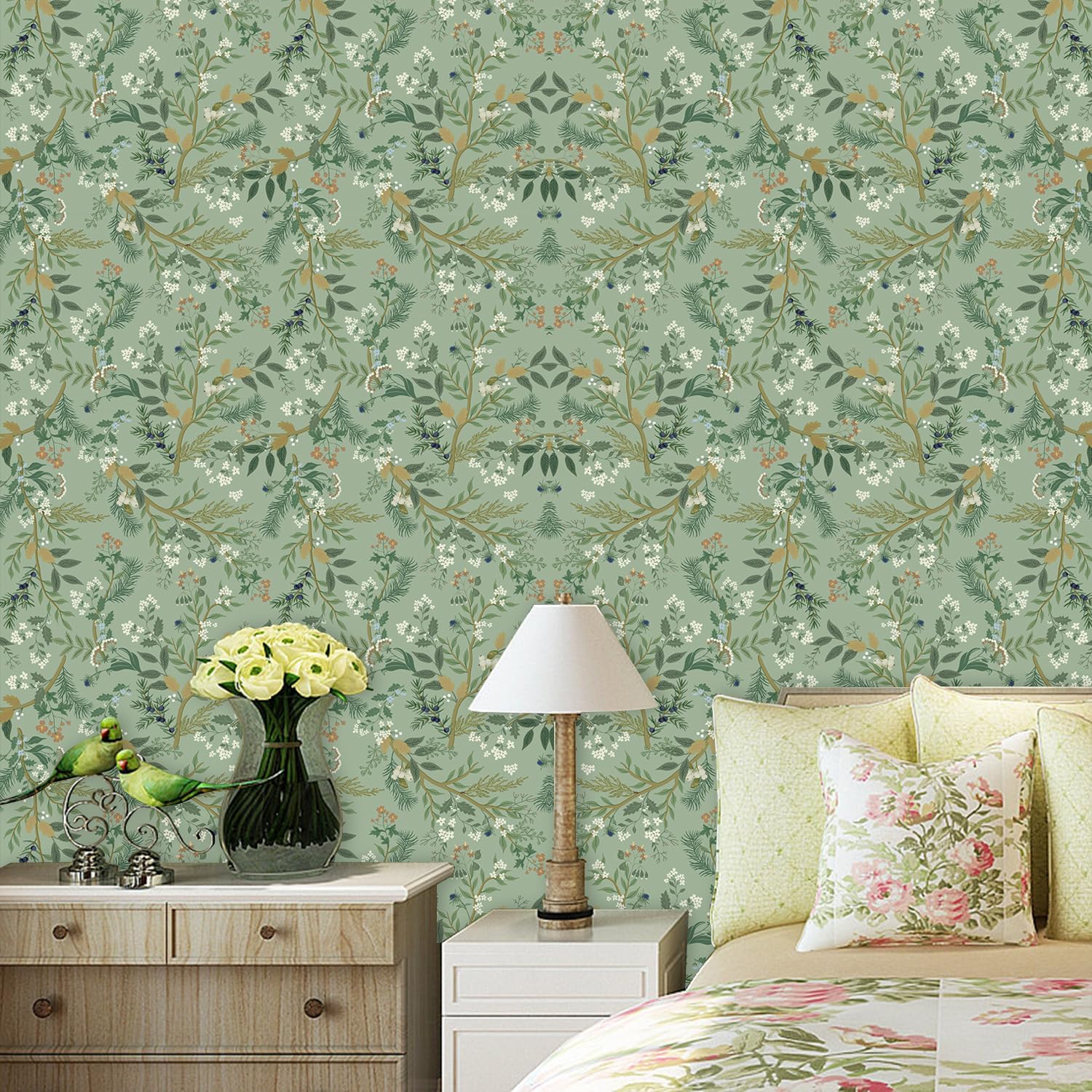 CHDITB Green Leaves Wallpaper Self Adhesive,Vintage Plants Flower Wallpaper,Floral Wall Paper(44x300cm) Light Green Stick on Wall Peel and Stick Wallpaper For Living Room Bedroom Bathroom-6