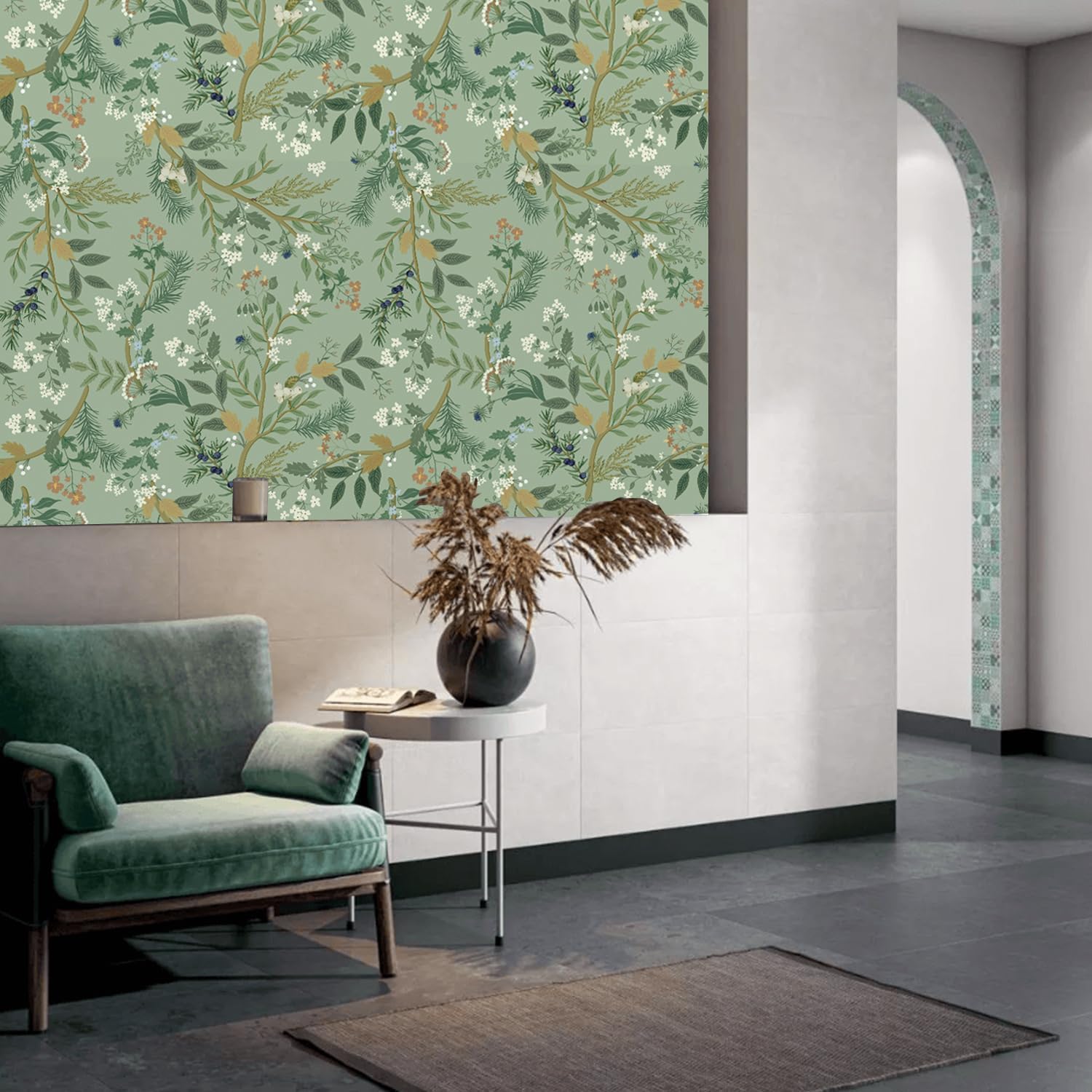 CHDITB Green Leaves Wallpaper Self Adhesive,Vintage Plants Flower Wallpaper,Floral Wall Paper(44x300cm) Light Green Stick on Wall Peel and Stick Wallpaper For Living Room Bedroom Bathroom-7