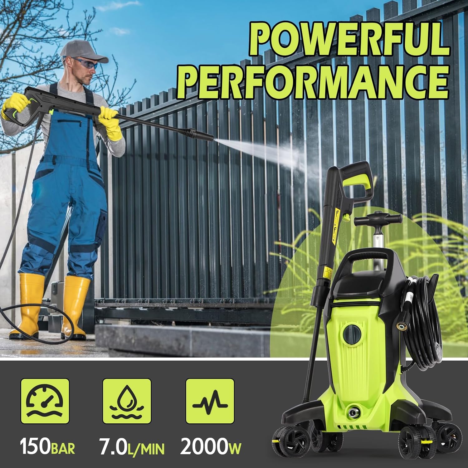 2000w Max.150Bar 7.0L/min Electric Pressure Washer,High Pressure Washer, Power Washer with Telescopic Handle &Anti-Tipping Technology& Foam Cannon for Cars/Fences/Driveways/Home/Patios-1