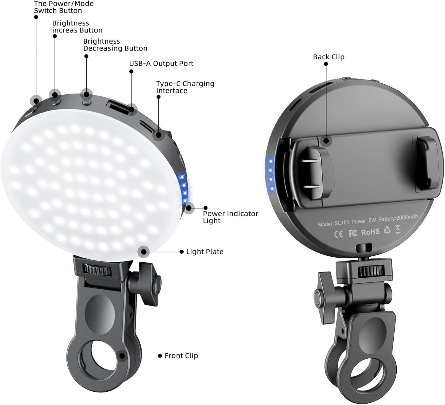 68 LED Phone Light, YOTOCversion 3 IN 1 Rechargeable Selfie Light With Wireless Charging Function, With Front & Back Phone Light Clip and Power Bank For iPhone 15/15 Pro/14/13/12/12,Android Phones-4