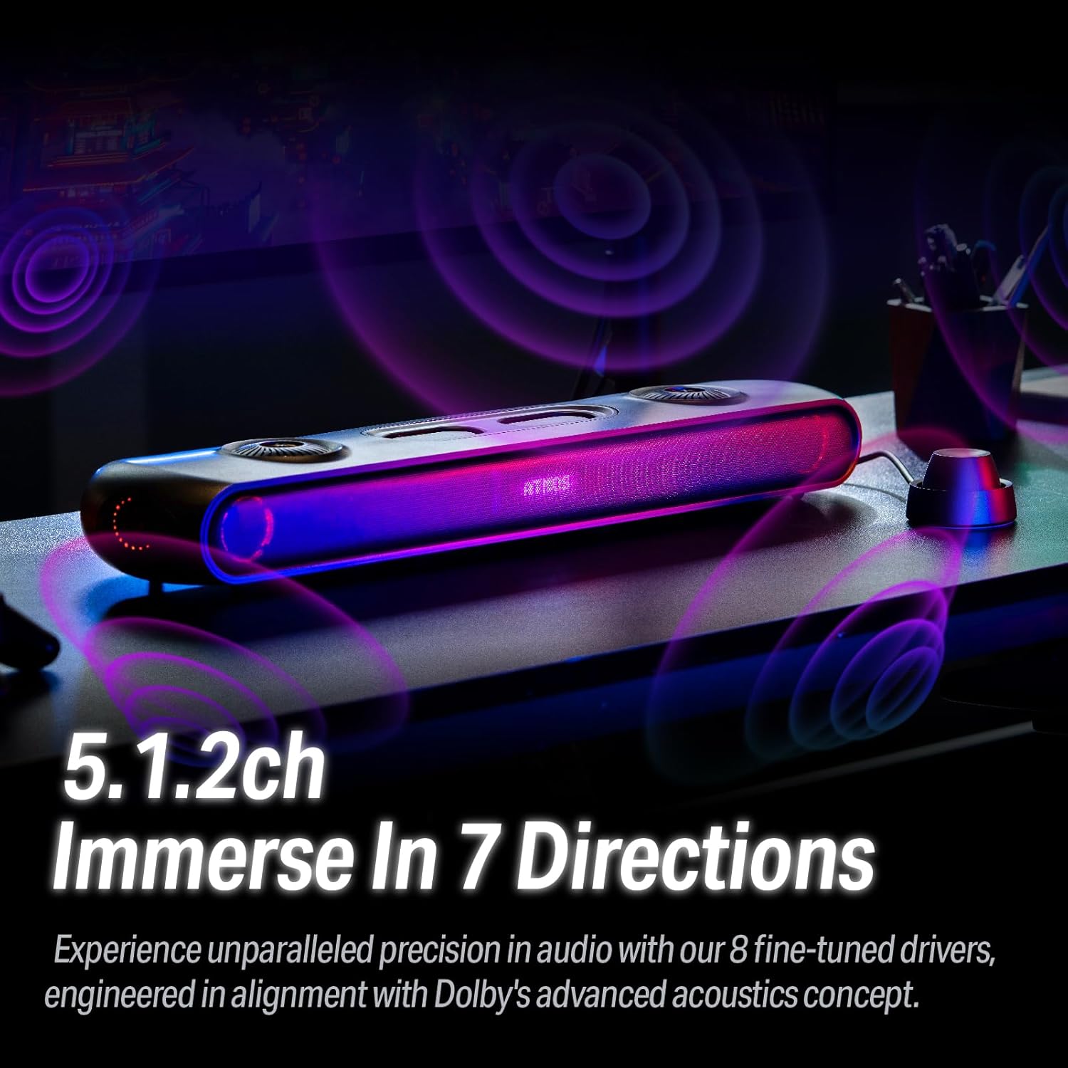 OXS Thunder Pro Gaming Soundbar with 5.1.2 Dolby Atmos Surround Sound System, Built-in woofer, Bluetooth Multi-connection, 3 Pro Gamer Modes, Sleek Toggle Design, for PCs and Gaming Consoles-1