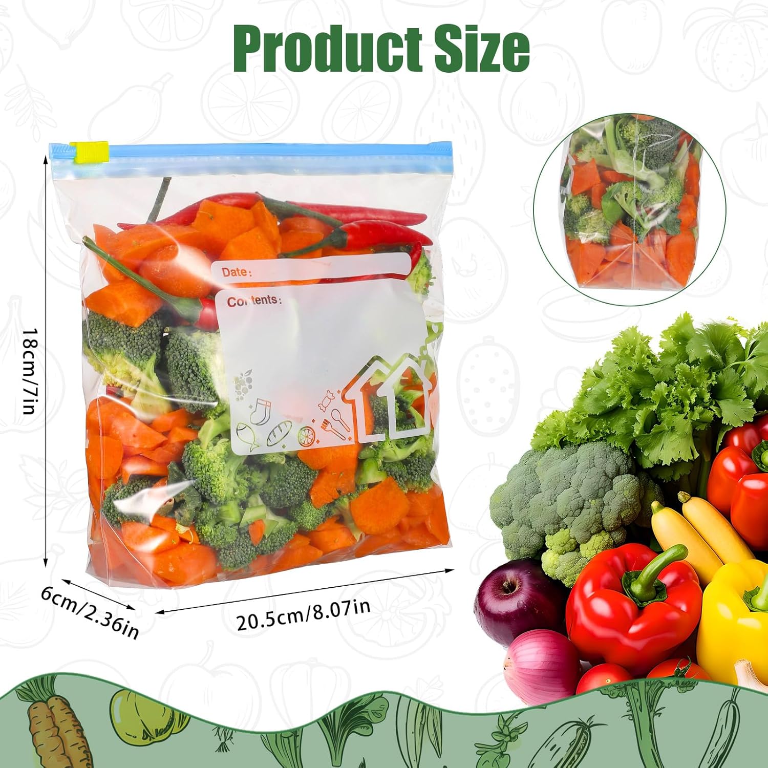 50 Pcs Food Storage Freezer Bags, Reusable Zip Lock Bags(1L) Sandwich Bags Food Bags with Expandable Bottom, Zip Seal Freezer Bags for Fruits, Vegetables, Meat, Grains,Snacks-1