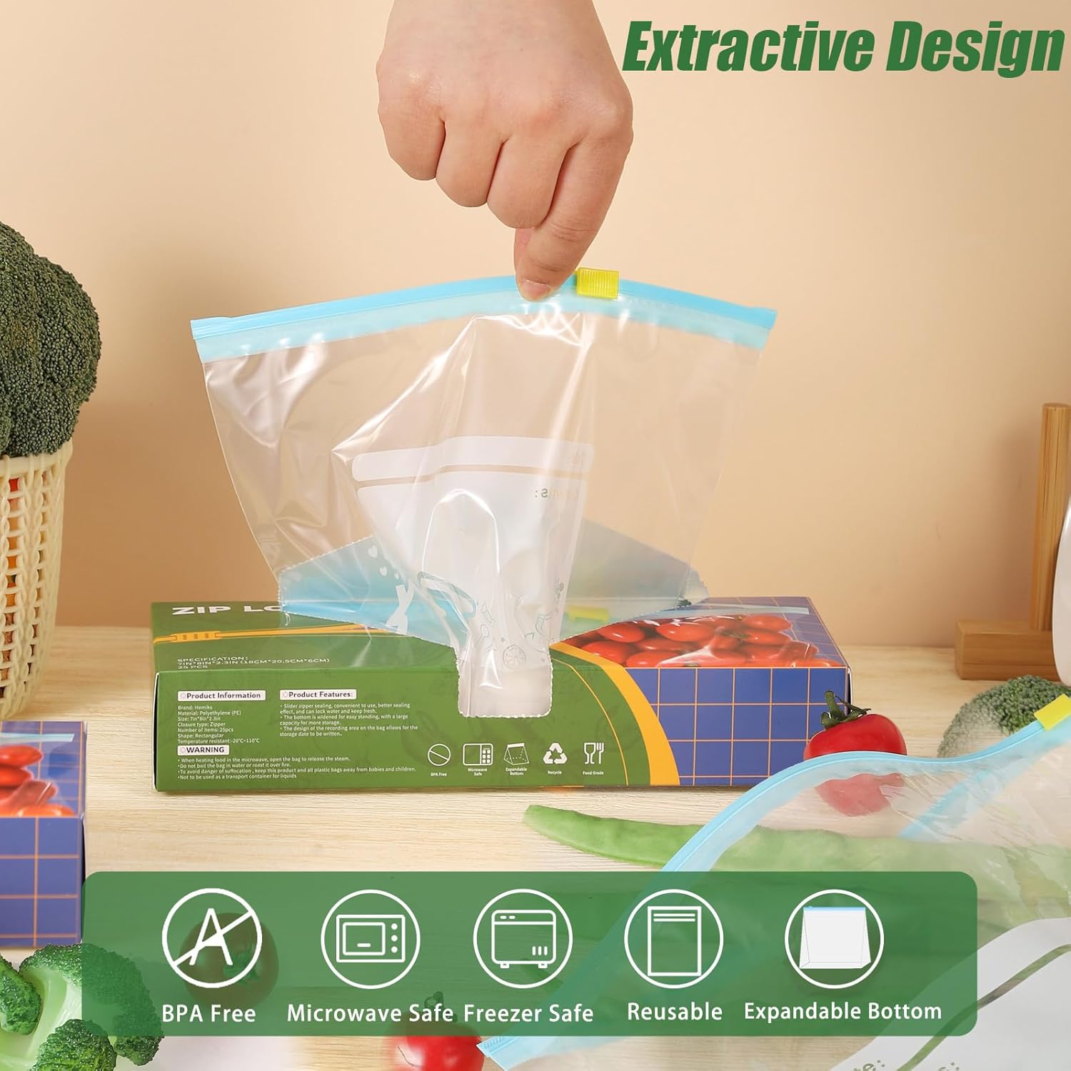 50 Pcs Food Storage Freezer Bags, Reusable Zip Lock Bags(1L) Sandwich Bags Food Bags with Expandable Bottom, Zip Seal Freezer Bags for Fruits, Vegetables, Meat, Grains,Snacks-2