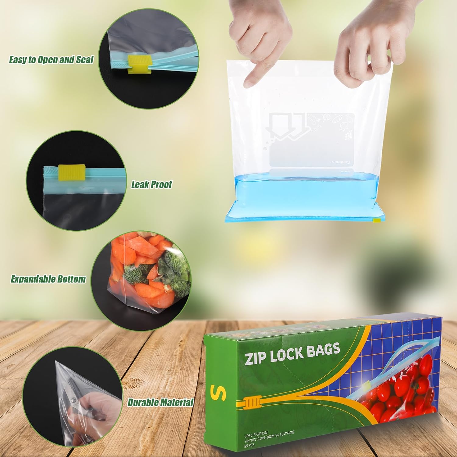 50 Pcs Food Storage Freezer Bags, Reusable Zip Lock Bags(1L) Sandwich Bags Food Bags with Expandable Bottom, Zip Seal Freezer Bags for Fruits, Vegetables, Meat, Grains,Snacks-3