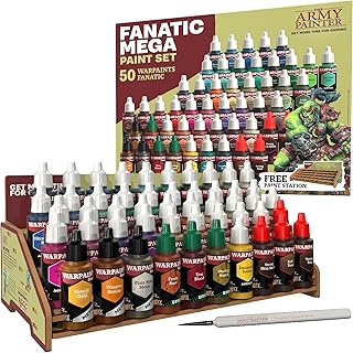 The Army Painter Warpaints Fanatic Mega Set, 50 x 18 ml Acrylic Paint, incl. Skin Tones, Metallics, Effects, Washes, 1 Paint Station & 1 Brush - Model Paint for Warhammer & D&d Miniatures