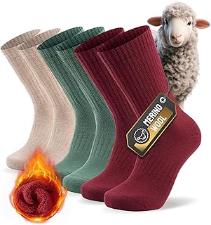 PULIOU Thermal Socks Merino Wool Socks for Men Women, Winter Thick Warm Socks Breathable Cushioned Crew Socks for Work Hiking Walking Running and Outdoor Sports, 3 Pairs