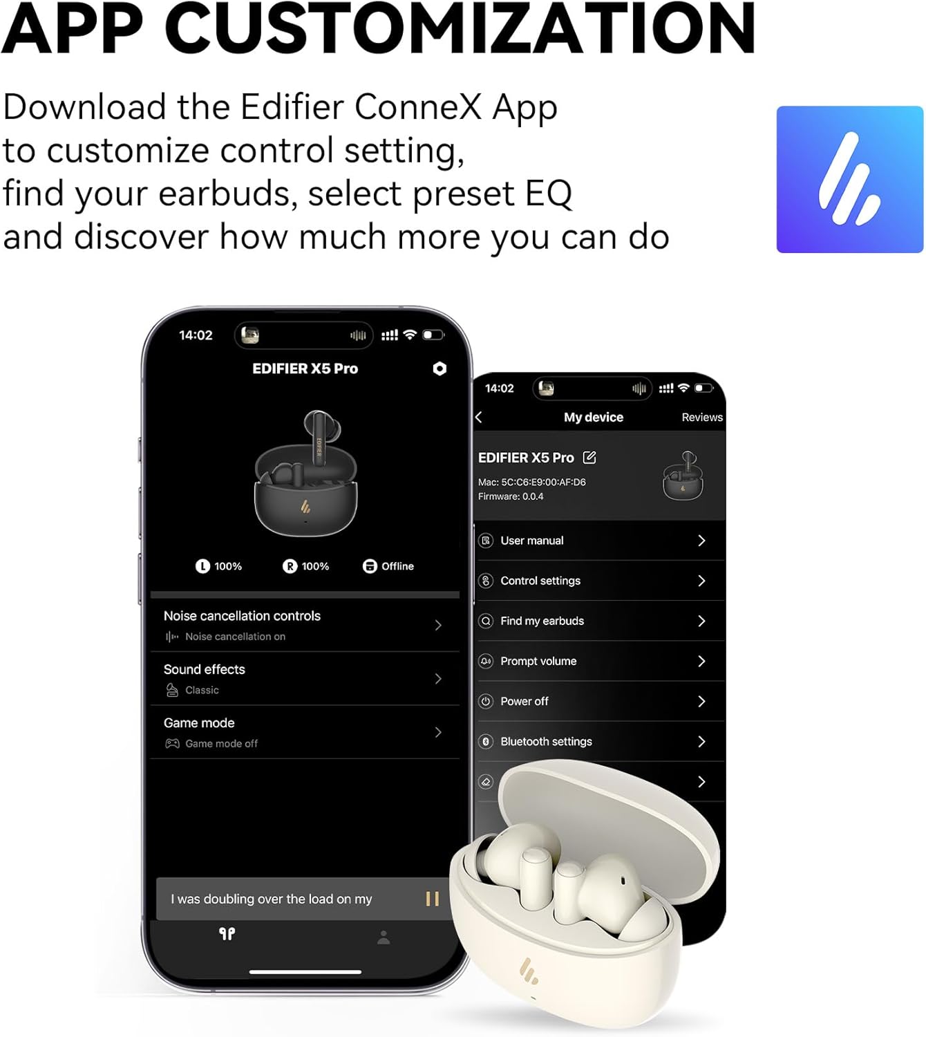 Edifier X5 Pro Active Noise Cancelling Earbuds with AI-Enhanced Calls, Fast Charge, Game Mode, App Customization, IP55 Waterproof, True Wireless Bluetooth 5.3 Technology - Ivory-6