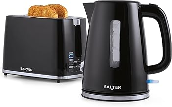 Salter COMBO-9133 Deco Kettle and Toaster Set – Rapid Boil 3 kW Kettle With Removable Limescale Filter, 2-Slice Wide Slot Electric Toaster, Crumb Tray, Self-Centring, Water Level Indicator, Black