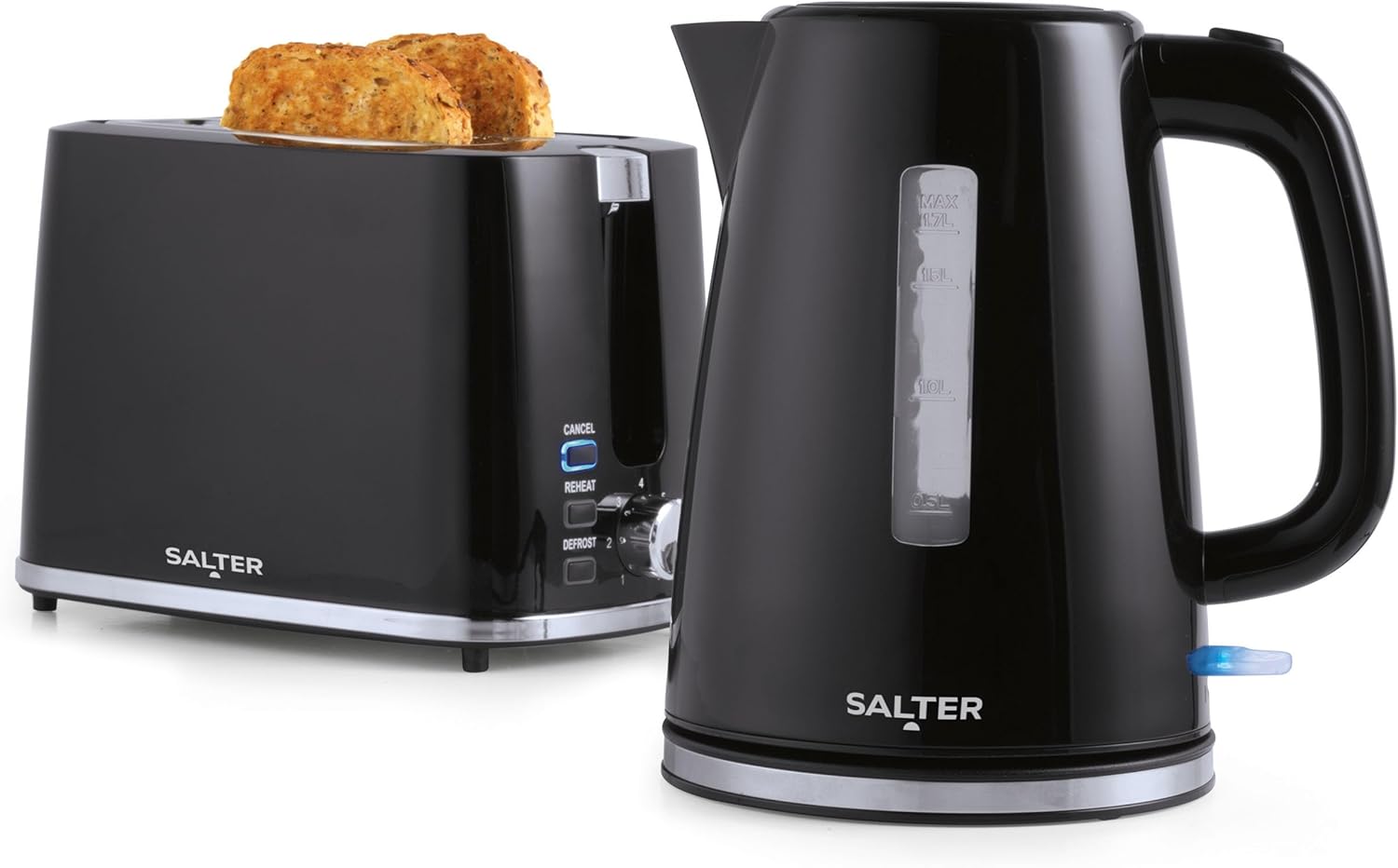 Salter COMBO-9133 Deco Kettle and Toaster Set – Rapid Boil 3 kW Kettle With Removable Limescale Filter, 2-Slice Wide Slot Electric Toaster, Crumb Tray, Self-Centring, Water Level Indicator, Black-0