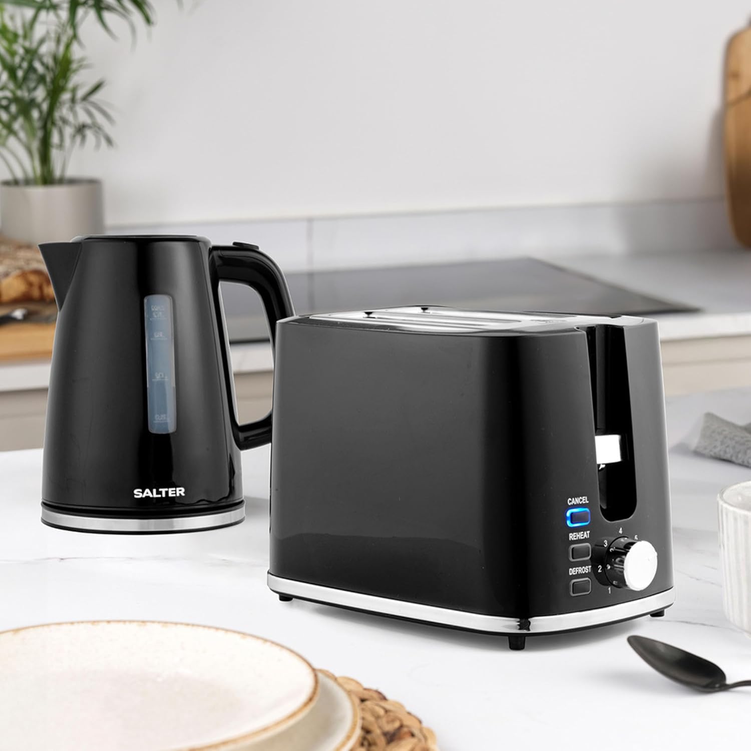 Salter COMBO-9133 Deco Kettle and Toaster Set – Rapid Boil 3 kW Kettle With Removable Limescale Filter, 2-Slice Wide Slot Electric Toaster, Crumb Tray, Self-Centring, Water Level Indicator, Black-1