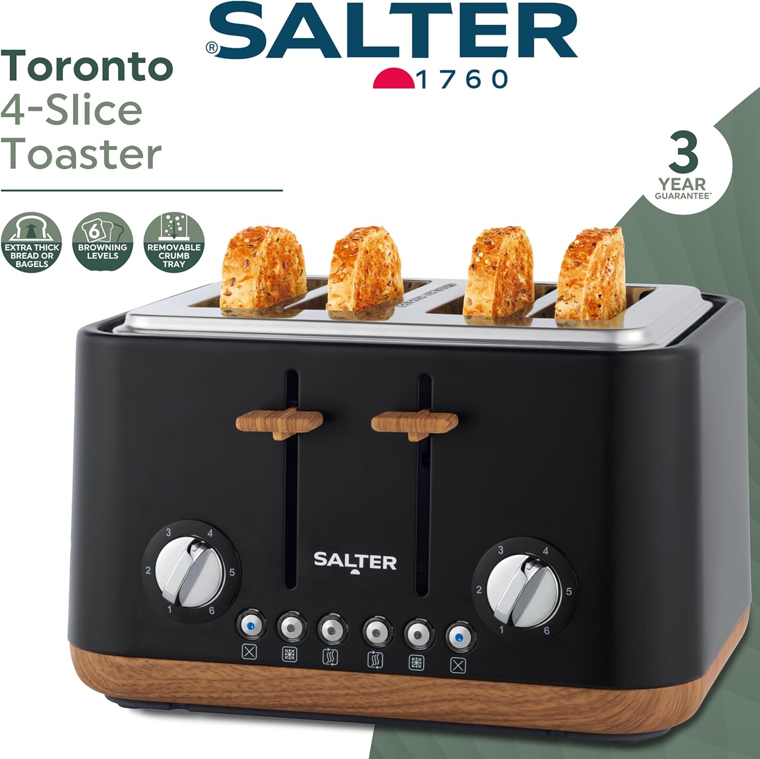 Salter COMBO-9135 Toronto Kettle and 4-Slice Toaster Set – 1.7 L Fast Boil Kettle with Limescale Filter, Wide Toasting Slots, High-Lift Eject, Wood Effect, 6 Browning Levels, 3000/1630 W, Matt Black-2