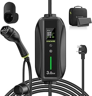 SYNCWIRE EV Charger Type 2 to UK 3 Pin 7.5m [6/8/10/13A] Portable Electric Car Type 2 EV Charging Cable with Adjustable Current, Timing Delay, LED Screen, IP66 Waterproof, with Storage Bag & Bracket