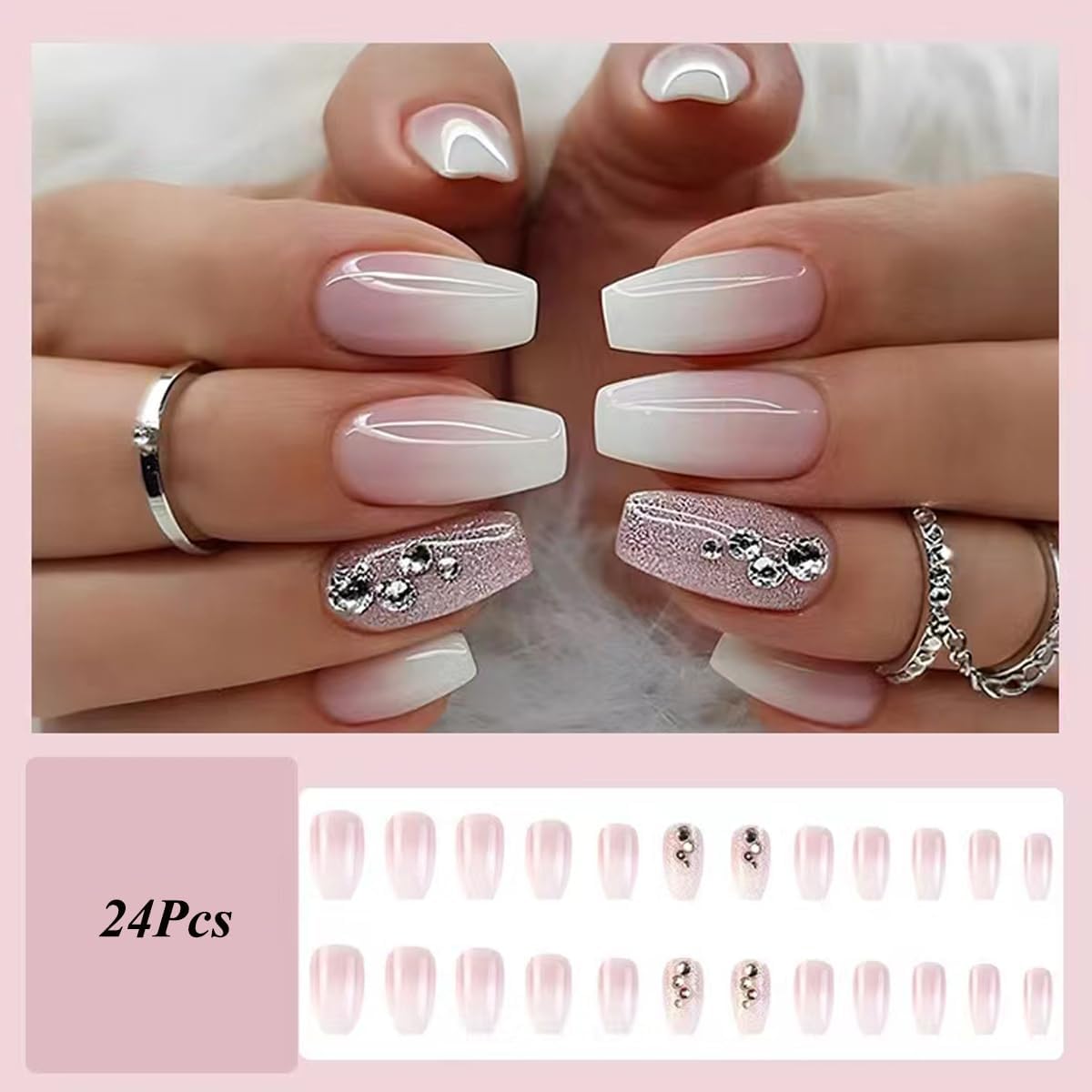 Kyzistn Pink Glitter Press on Nails Medium Square Fake Nails with Rhinestones Design Glossy Pink White Artificial False Nails for Women Girls DIY Manicure Decoration-1