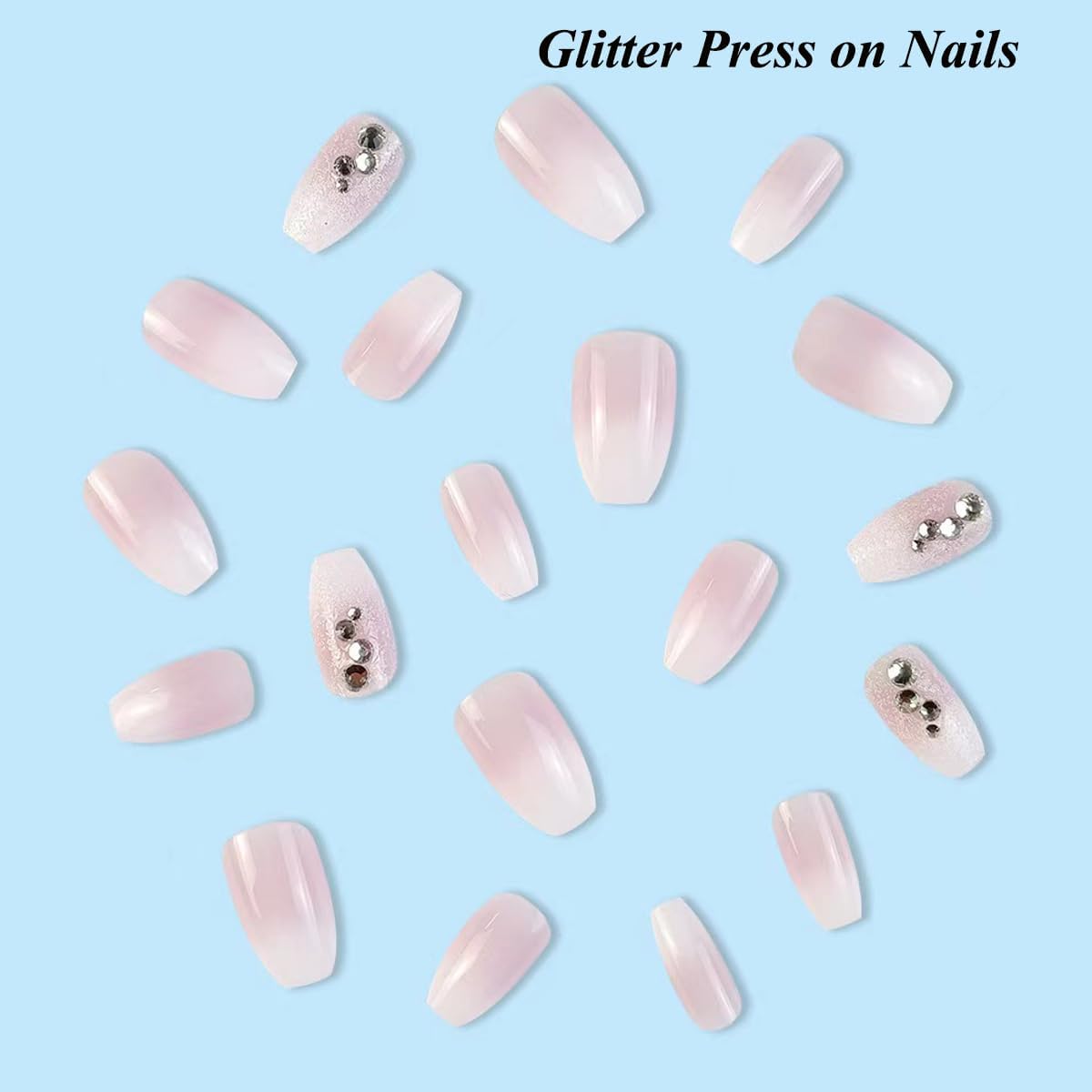 Kyzistn Pink Glitter Press on Nails Medium Square Fake Nails with Rhinestones Design Glossy Pink White Artificial False Nails for Women Girls DIY Manicure Decoration-2