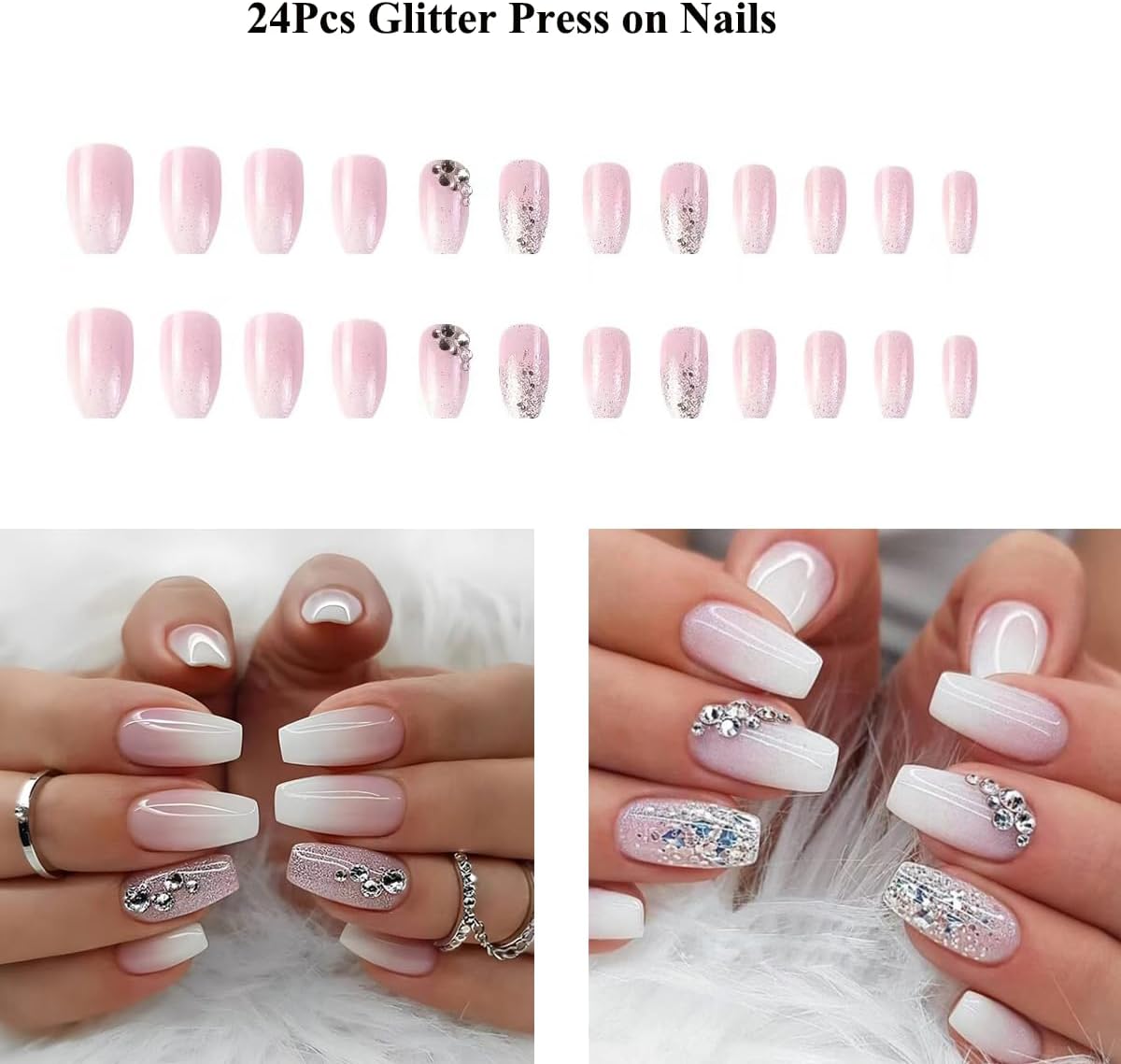 Kyzistn Pink Glitter Press on Nails Medium Square Fake Nails with Rhinestones Design Glossy Pink White Artificial False Nails for Women Girls DIY Manicure Decoration-3