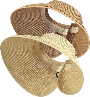 2Pcs Foldable Straw Sun Visor Hats,Wide Brim Ponytail Summer Beach Hat, Protect Your Skin Easily Perfect for Women Summer Vacation (Natural +Beige)