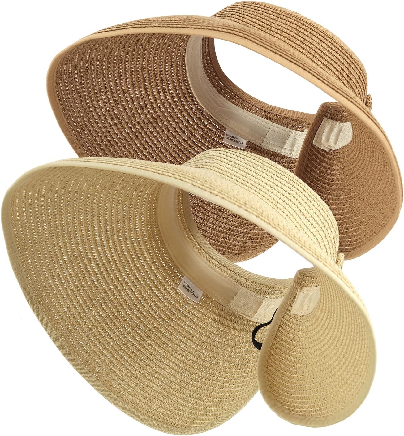 2Pcs Foldable Straw Sun Visor Hats,Wide Brim Ponytail Summer Beach Hat, Protect Your Skin Easily Perfect for Women Summer Vacation (Natural +Beige)-0