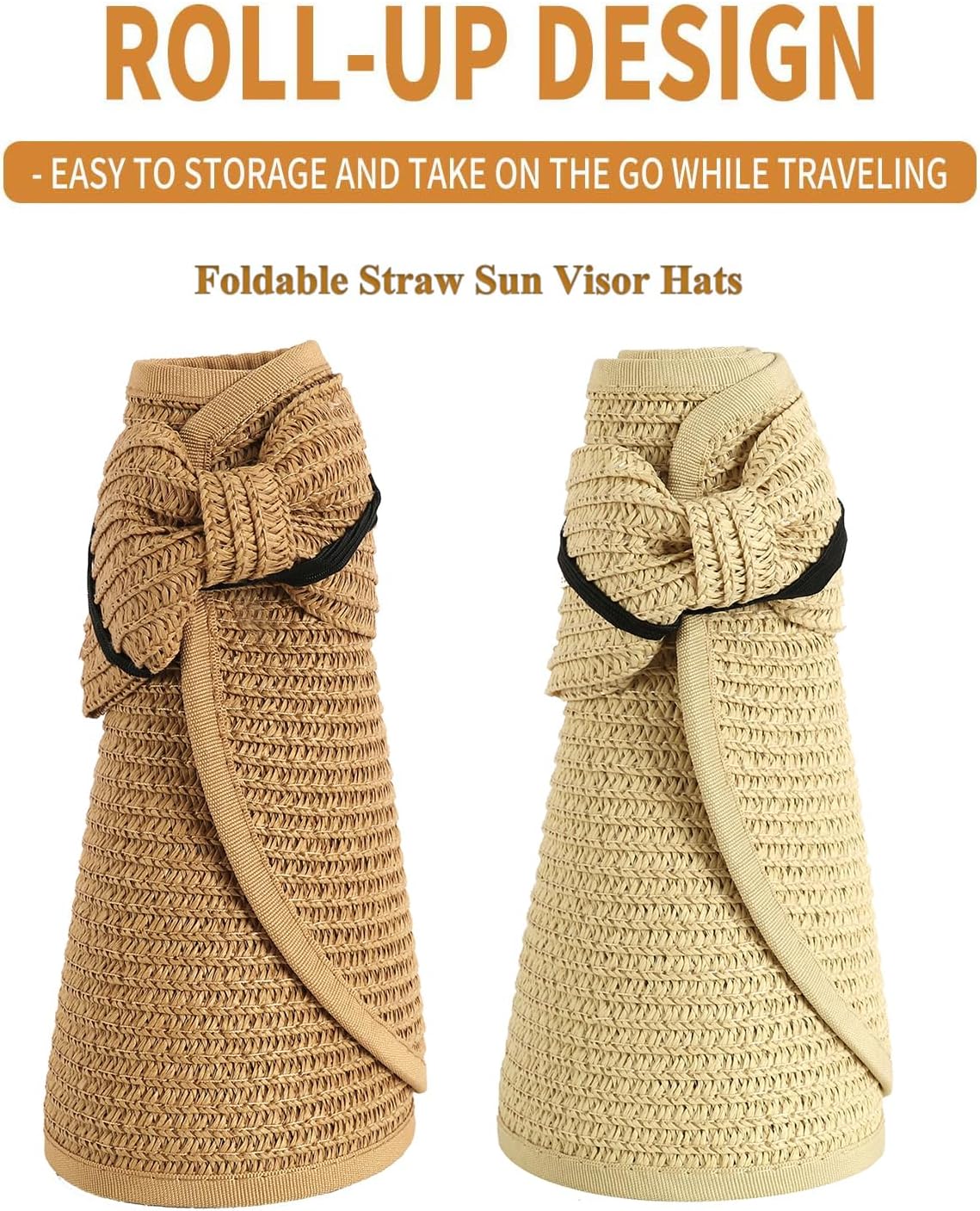 2Pcs Foldable Straw Sun Visor Hats,Wide Brim Ponytail Summer Beach Hat, Protect Your Skin Easily Perfect for Women Summer Vacation (Natural +Beige)-1