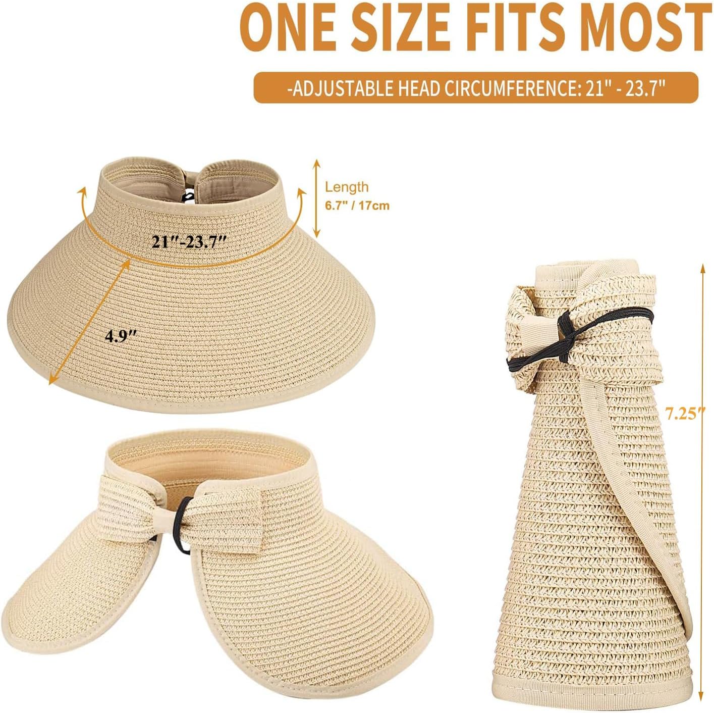 2Pcs Foldable Straw Sun Visor Hats,Wide Brim Ponytail Summer Beach Hat, Protect Your Skin Easily Perfect for Women Summer Vacation (Natural +Beige)-2