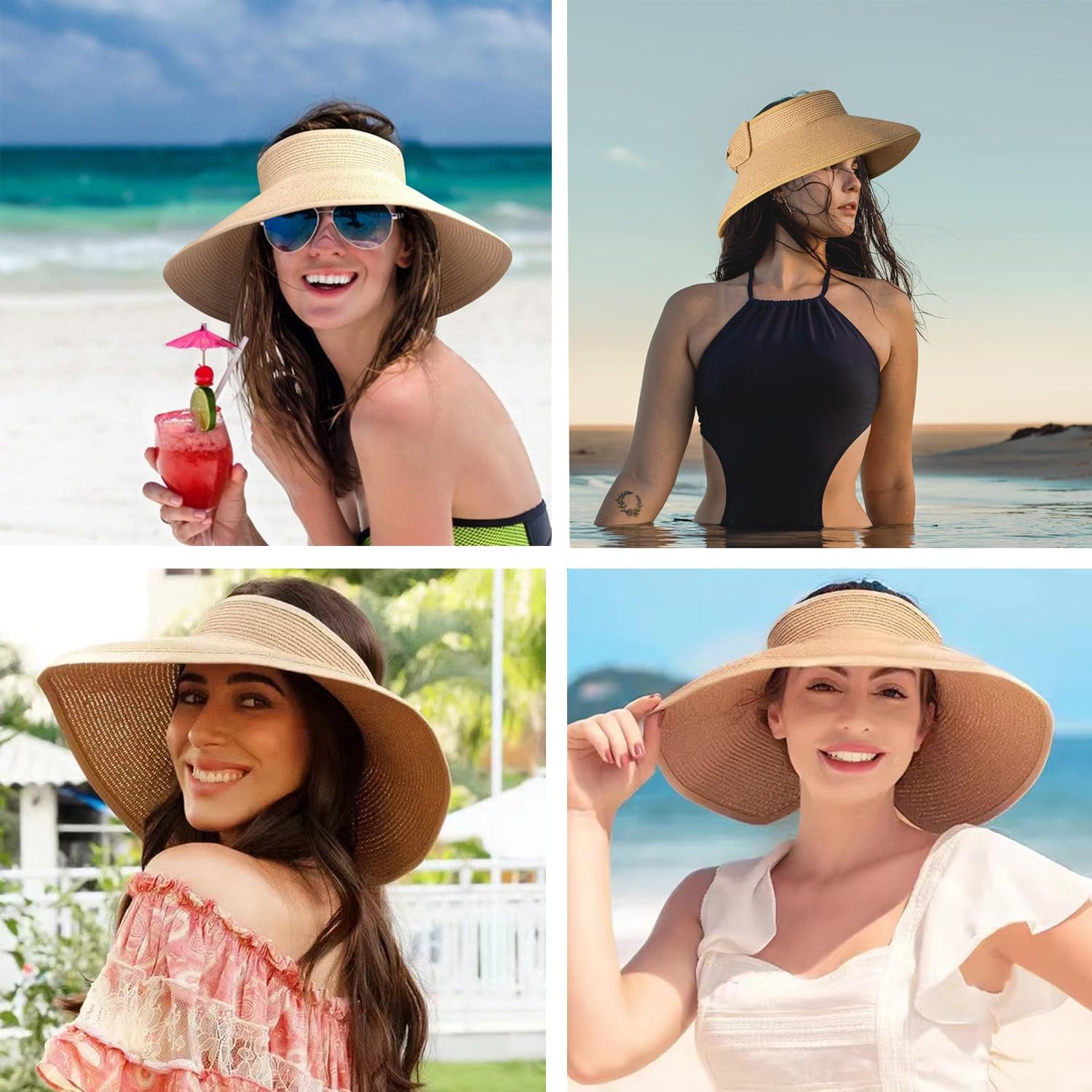 2Pcs Foldable Straw Sun Visor Hats,Wide Brim Ponytail Summer Beach Hat, Protect Your Skin Easily Perfect for Women Summer Vacation (Natural +Beige)-6