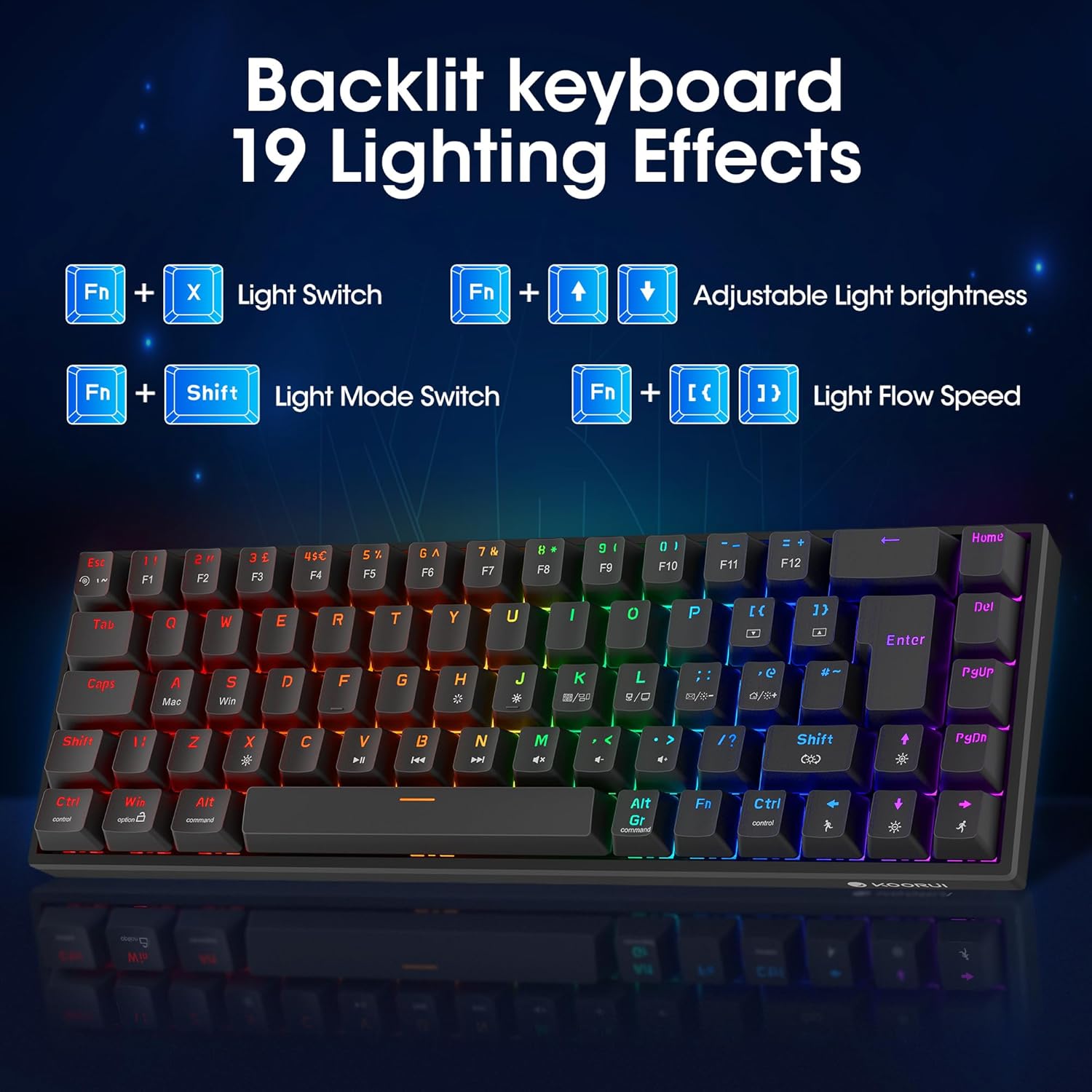 KOORUI 60% Mechanical Gaming Keyboard, Mixed Colors LED Backlit Ultra-Compact 69 Keys, Mini Wired Keyboard with Red Switch for Windows Laptop PC/Mac OS/Xbox-BLACK(Red Switch)-2