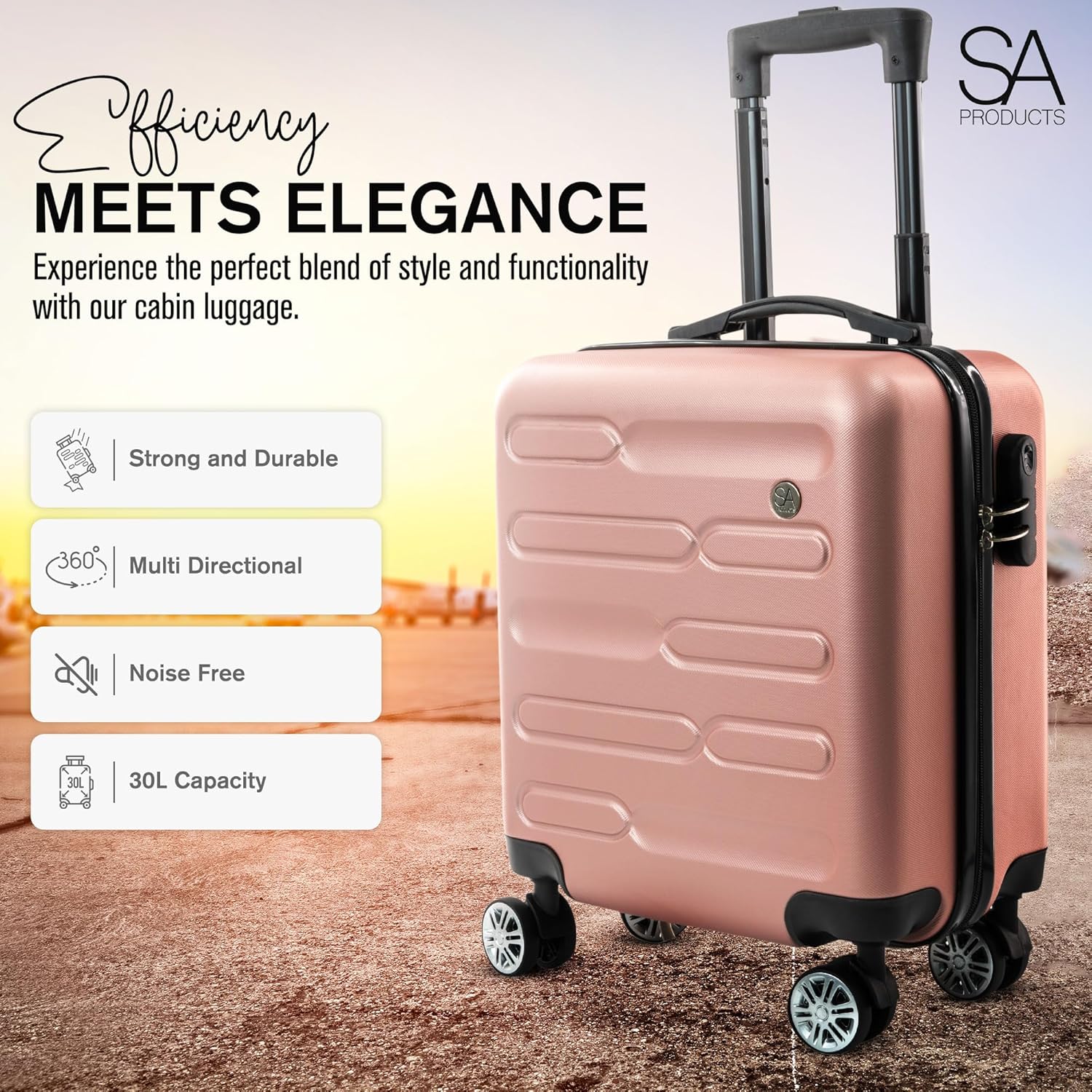 SA Products Rose Gold Cabin Suitcase 45x36x20cm - Lightweight Hardshell Carry On Luggage with 4 Spinner Wheels, Telescopic Handle - Cabin Bag with Divider Pocket, Travel Case with Spacious Interior-1