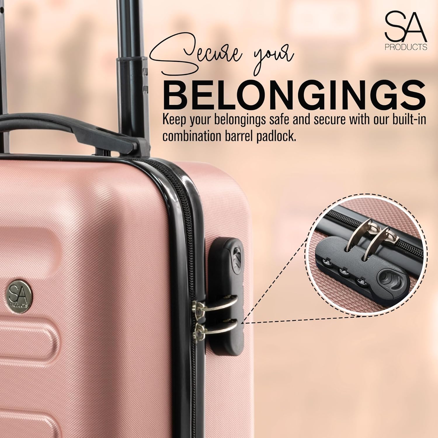 SA Products Rose Gold Cabin Suitcase 45x36x20cm - Lightweight Hardshell Carry On Luggage with 4 Spinner Wheels, Telescopic Handle - Cabin Bag with Divider Pocket, Travel Case with Spacious Interior-2